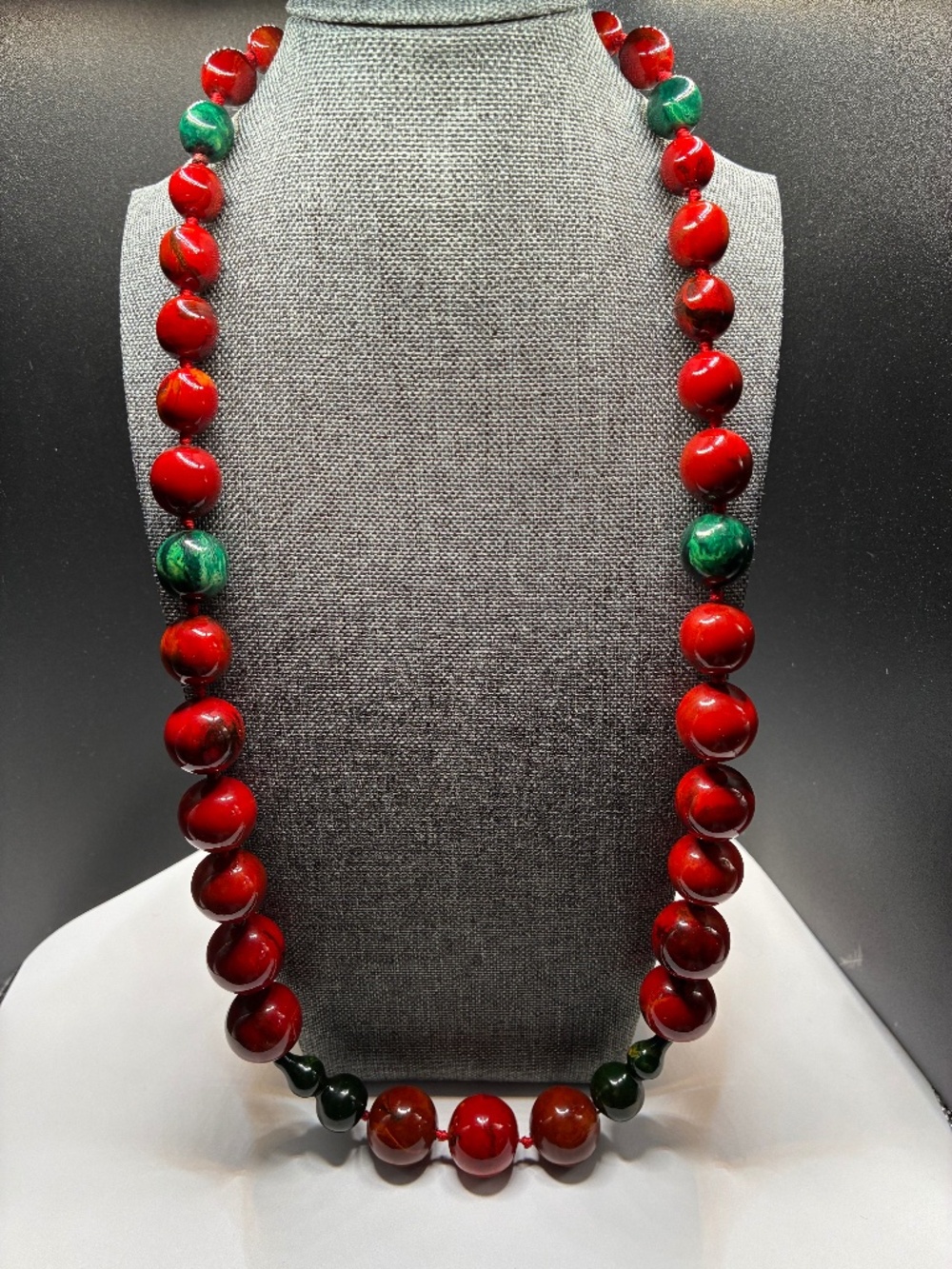 Vintage Glossy Red Wooden Beaded necklace with rich Green accents